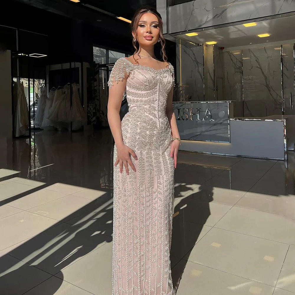 Pink Mermaid Beaded Evening Dress with Short Sleeves LA72787
