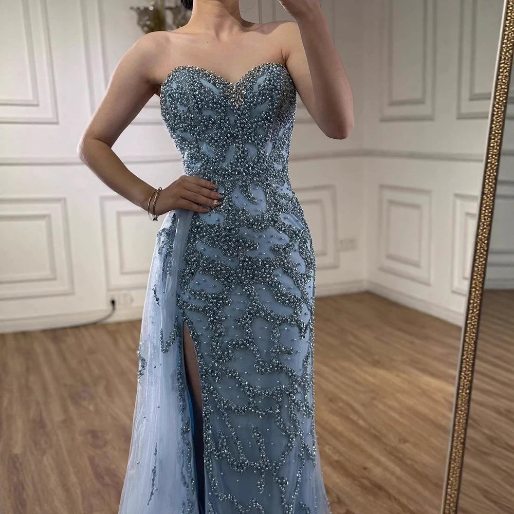 Luxury Dubai Saudi Arabic Blue Beaded Evening Gown Formal Slit LA72877