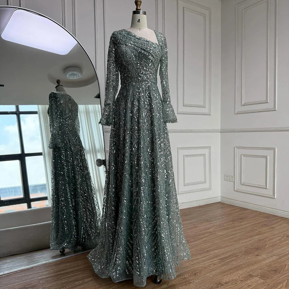 Luxury Turquoise Beaded A-Line Evening Dress with Puffy Sleeves LA73177