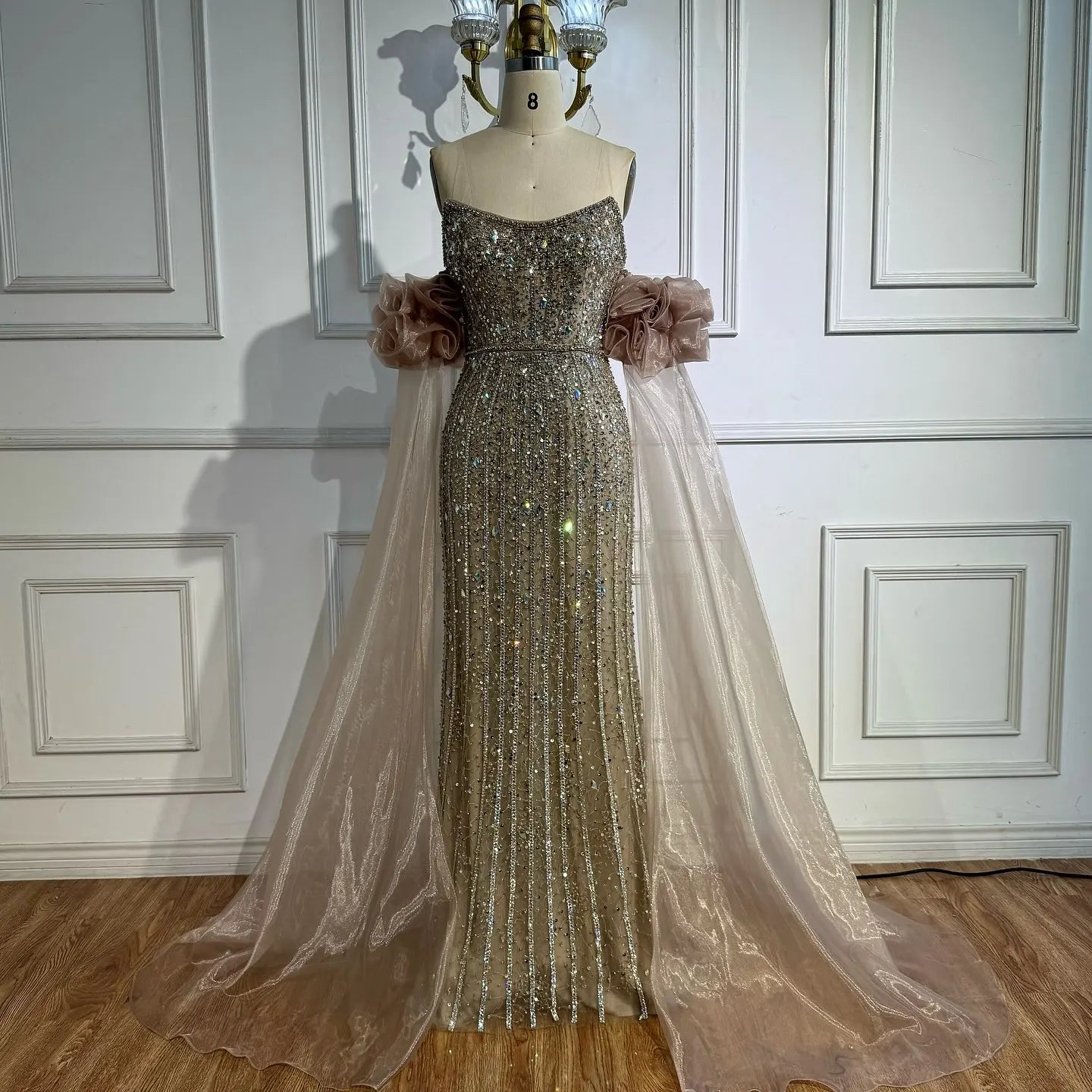 Luxury Pink Beaded Mermaid Evening Dress with Puff Sleeves LA72569