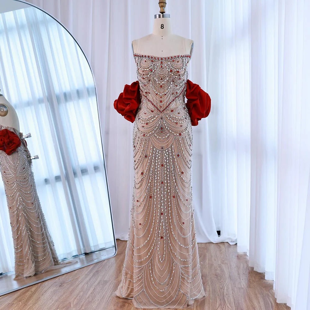 Luxury Beaded Evening Dress Puff Sleeves Pearl Adorned LA72903