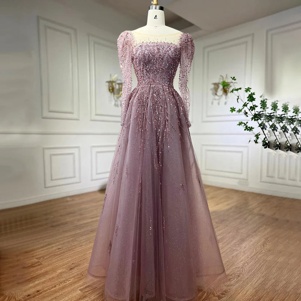 Luxury Dusty Pink Long Sleeves A-Line Evening Dress LA71915