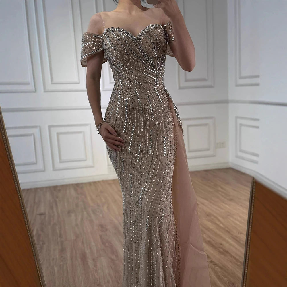 Luxury Nude Beaded Mermaid Evening Dress with Overskirt LA72911