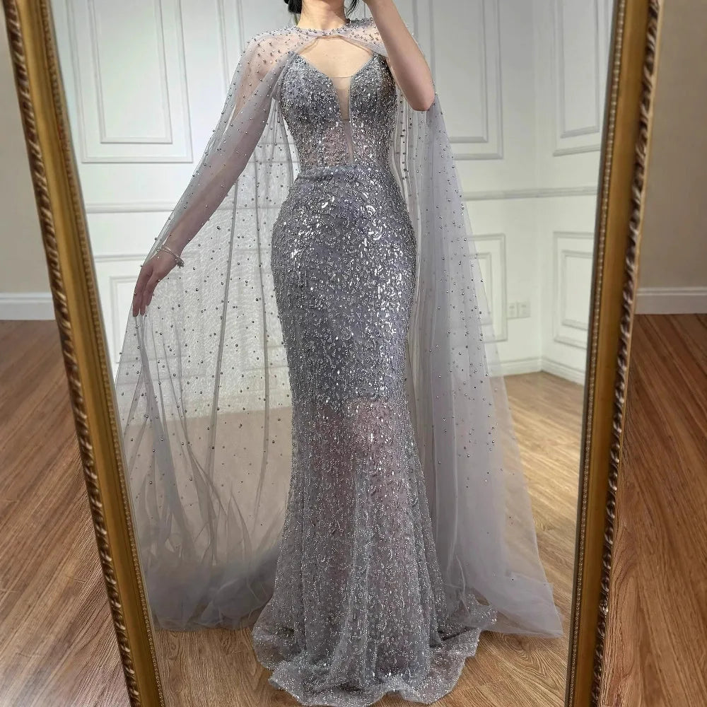 Luxury White Sequin Mermaid Evening Dress with Cape LA72996