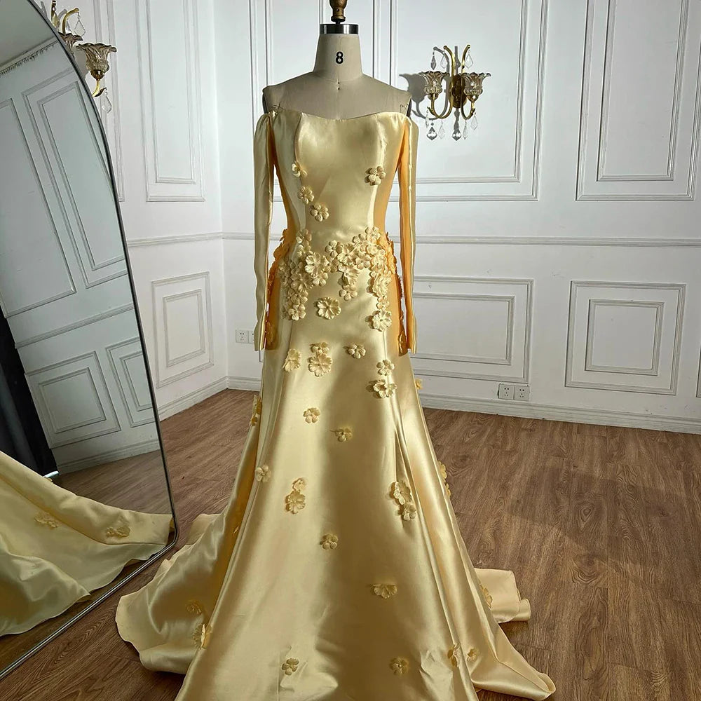 Luxury Dubai Arabia Yellow A-Line Satin Appliques Evening Dresses Gowns for Formal Occasion LA72833
