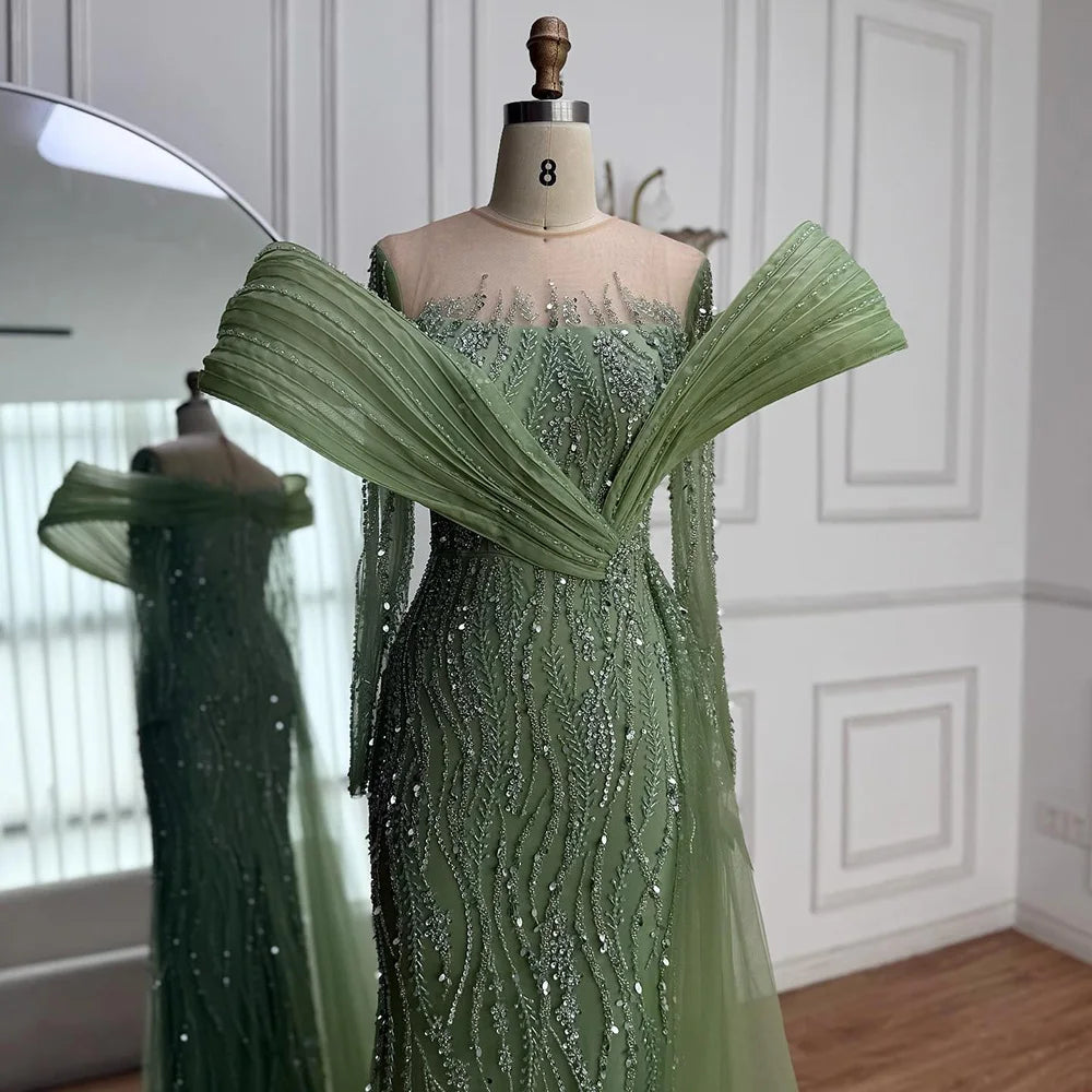 Elegant Sage Green Beaded Evening Dress with Flowing Hem LA72928
