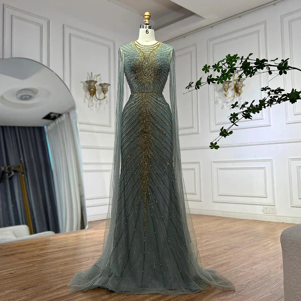 Luxury Caramel Beaded Evening Dress Gown with Cape Sleeves LA72940