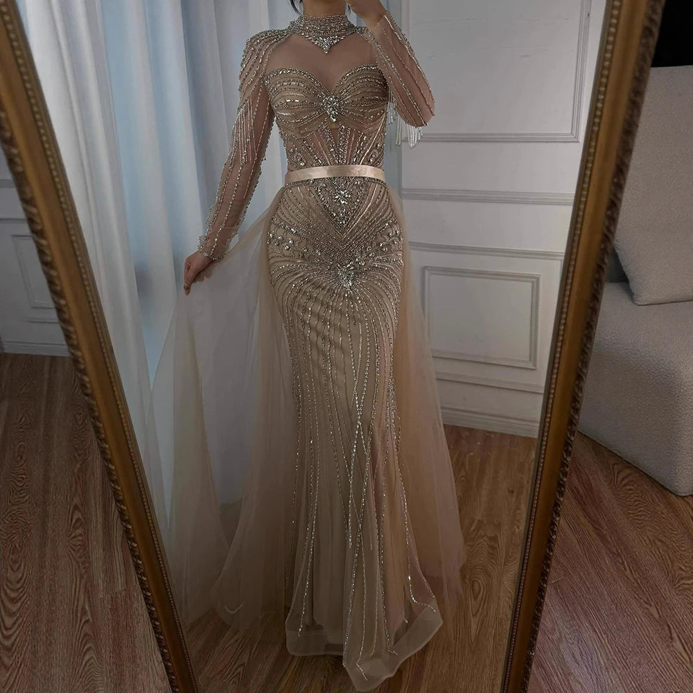 Luxury Nude Modest Beaded Evening Dress Long Sleeves With Overskirt LA72990