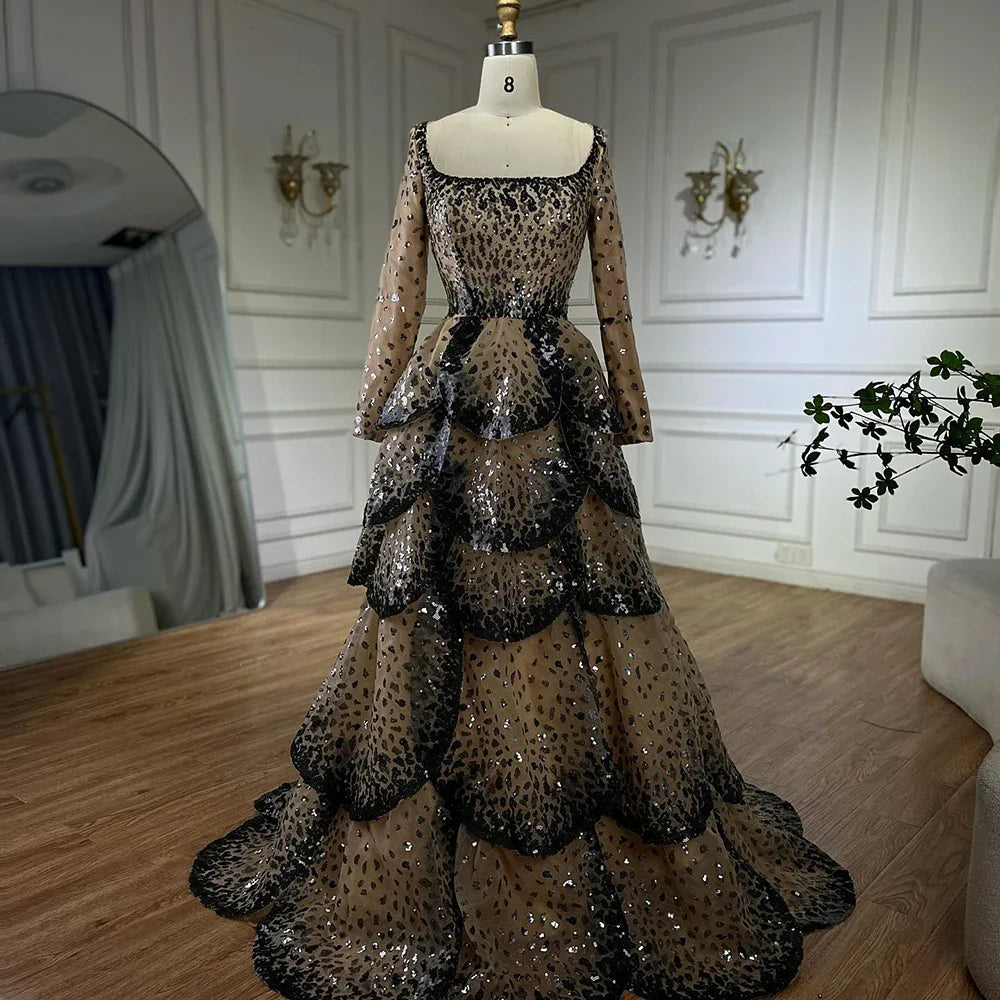 Luxury Black Nude Sequin Evening Dress with Long Sleeves LA72505B
