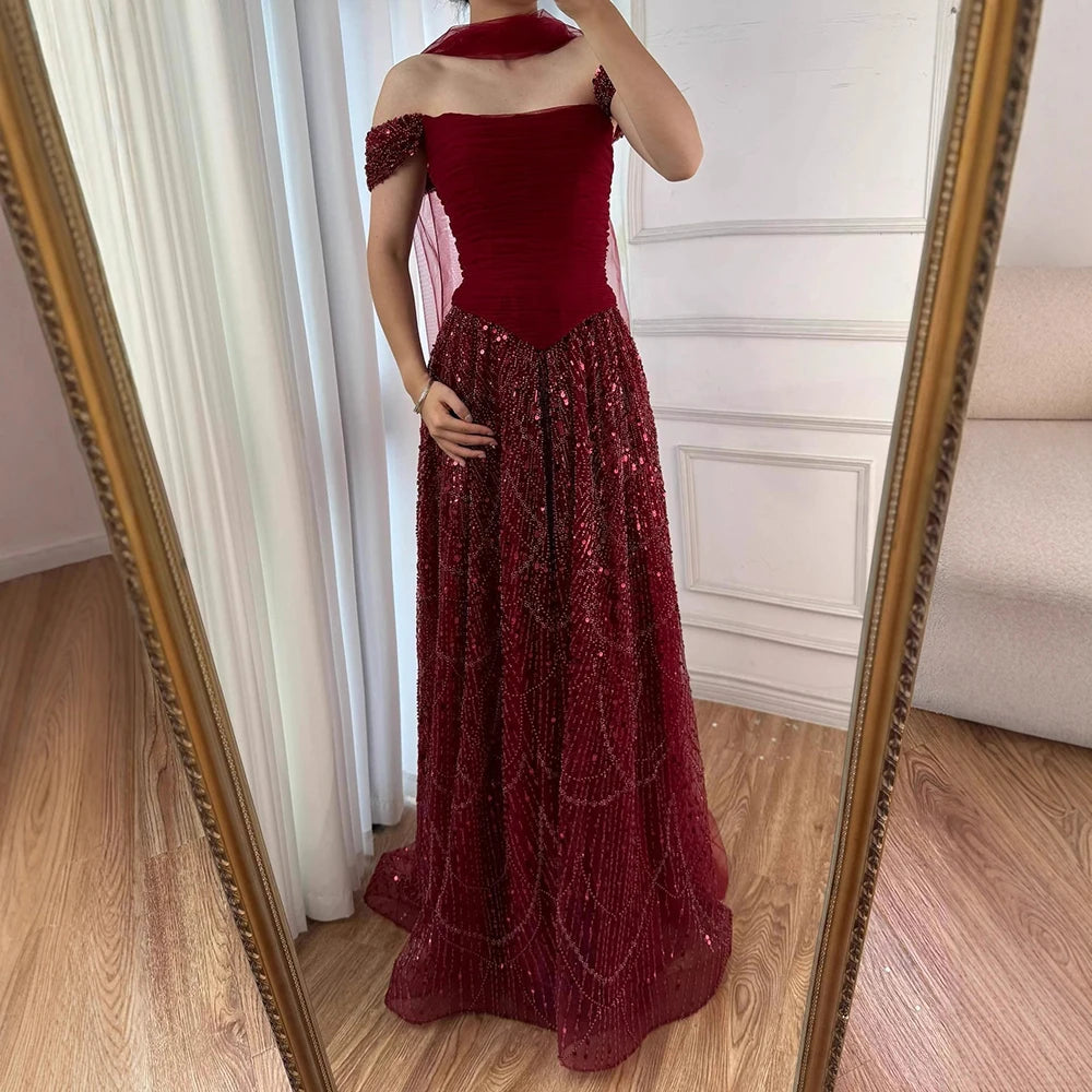 Luxury Arabic Pink Pearls Beaded Evening Dress With Cape LA72922