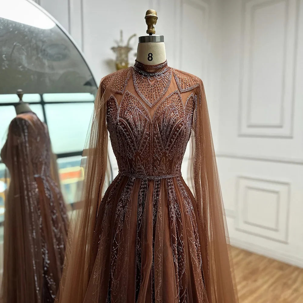 Luxury Brown Beaded Evening Gown with Cape Arabic Style LA72951
