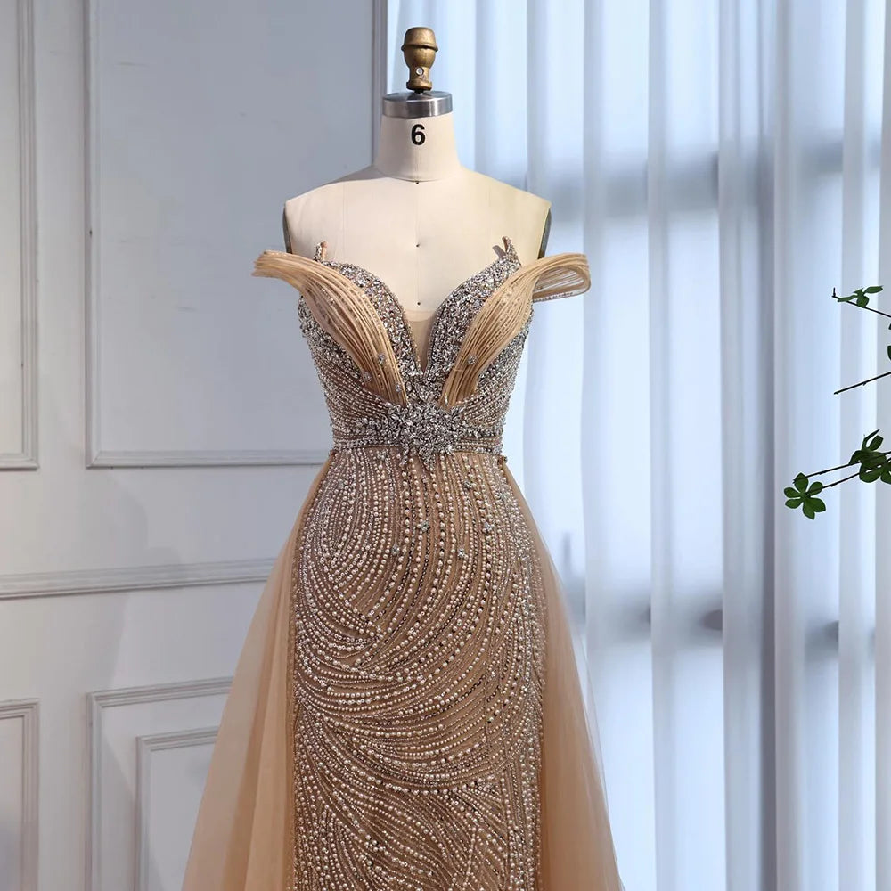 Luxury Nude Mermaid Off Shoulder Beaded Evening Dress with Overskirt LA73131