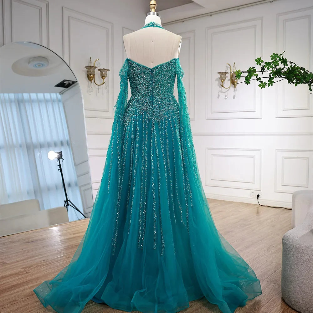 Luxury Turquoise Beaded A Line Evening Dress with Cape Sleeves LA72820