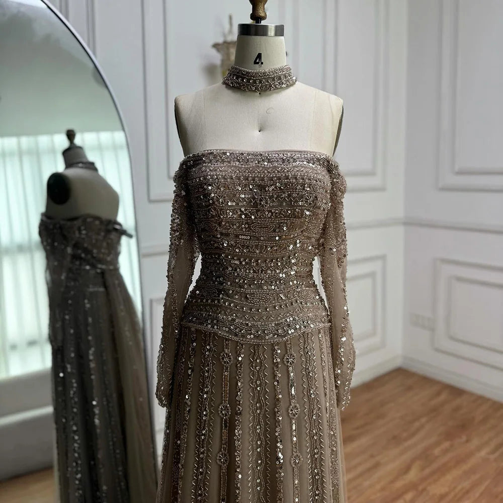 Luxury Caramel Off Shoulder Beaded Mermaid Evening Dress Long Sleeves LA73053