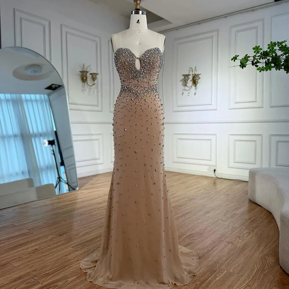 Luxury Nude Beaded Dress with Detachable Sleeves LA73065
