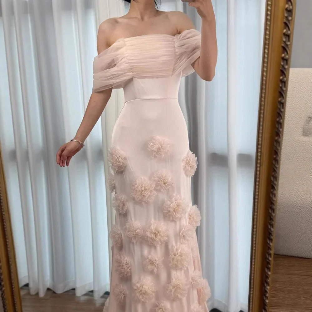Elegant pink 3D flower off-shoulder evening dress LA72943