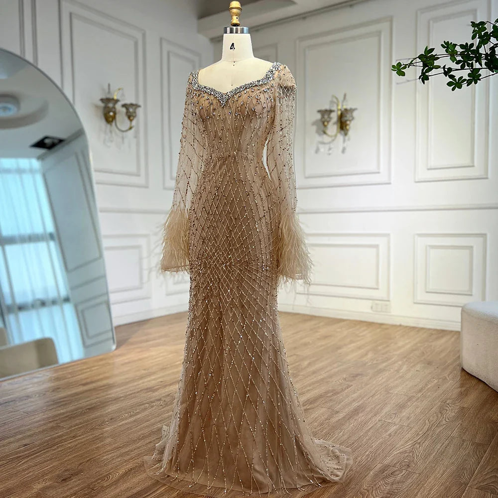 Luxury Nude Beaded Evening Dress with Feather Cuffs LA72892
