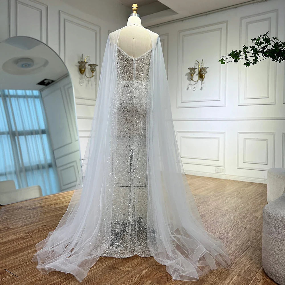 Luxury White Sequin Mermaid Evening Dress with Cape LA72996