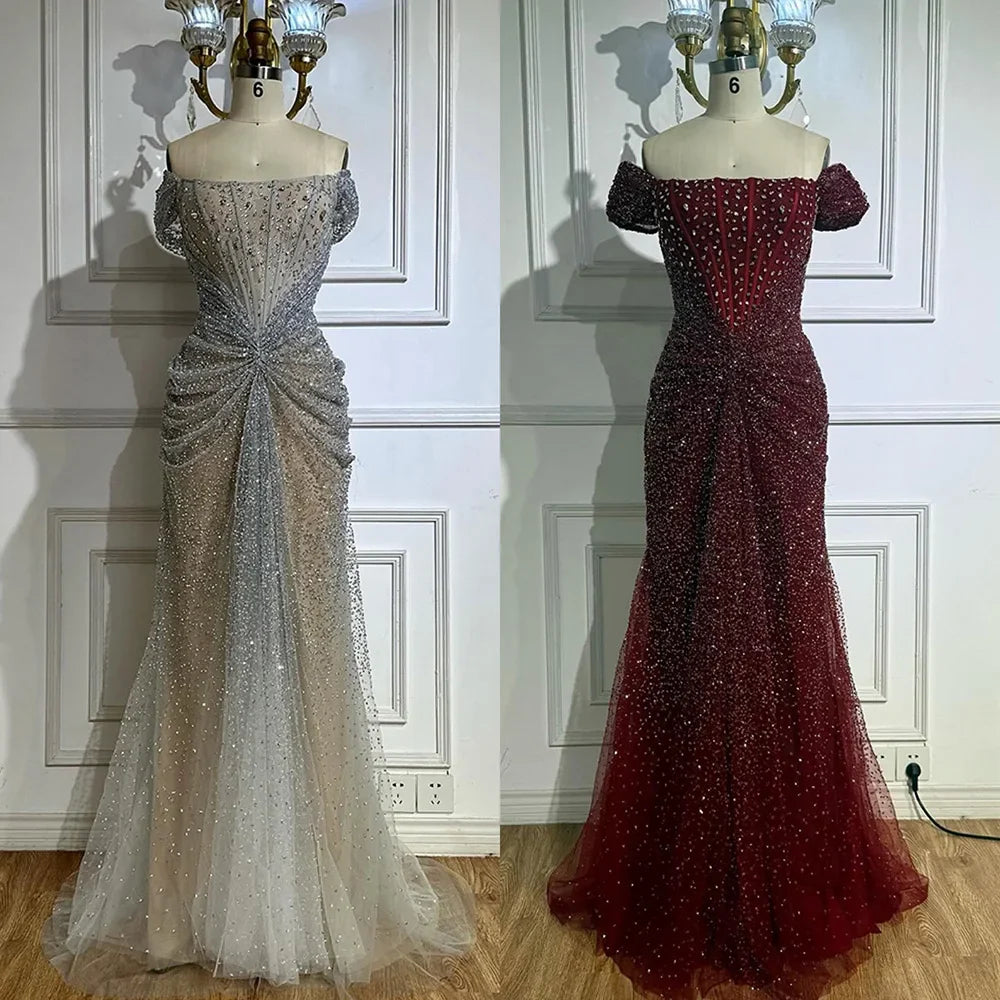 Luxury Designer Beaded Silver Nude Mermaid Evening Dress LA72905