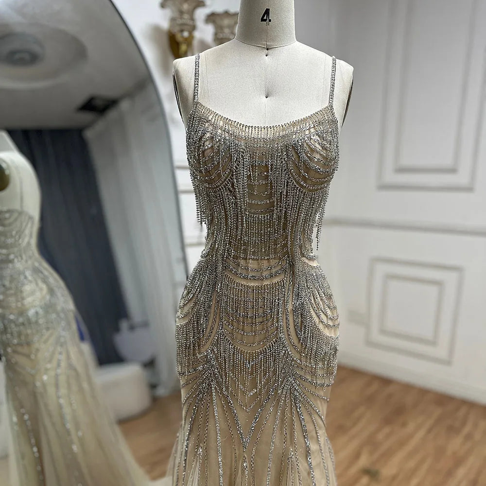 Luxury Dubai Silver Nude Spaghetti Strap Mermaid Evening Dress Gown with Luxury Beaded Tassels for Formal Occasion LA72772