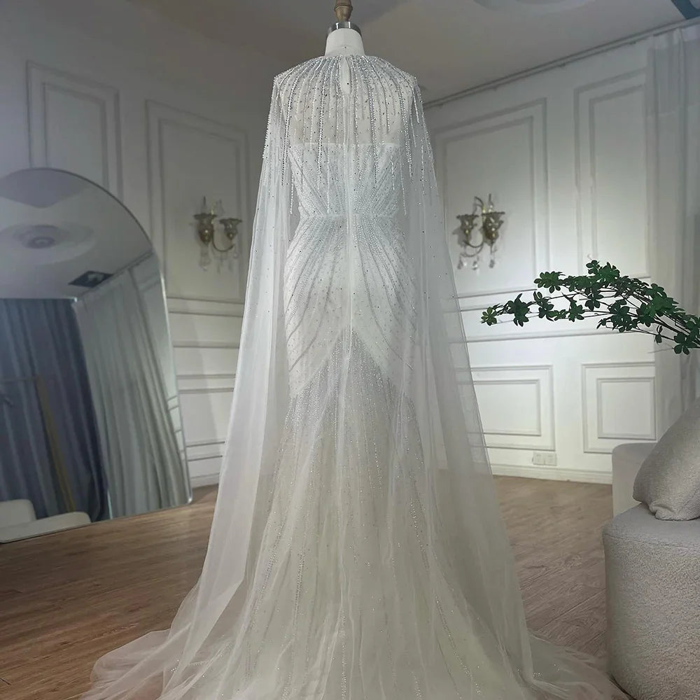 Luxury Dubai Arabic Blue Spaghetti Straps Beaded Evening Gown with Detachable Cape Dress for Formal Occasion LA72784