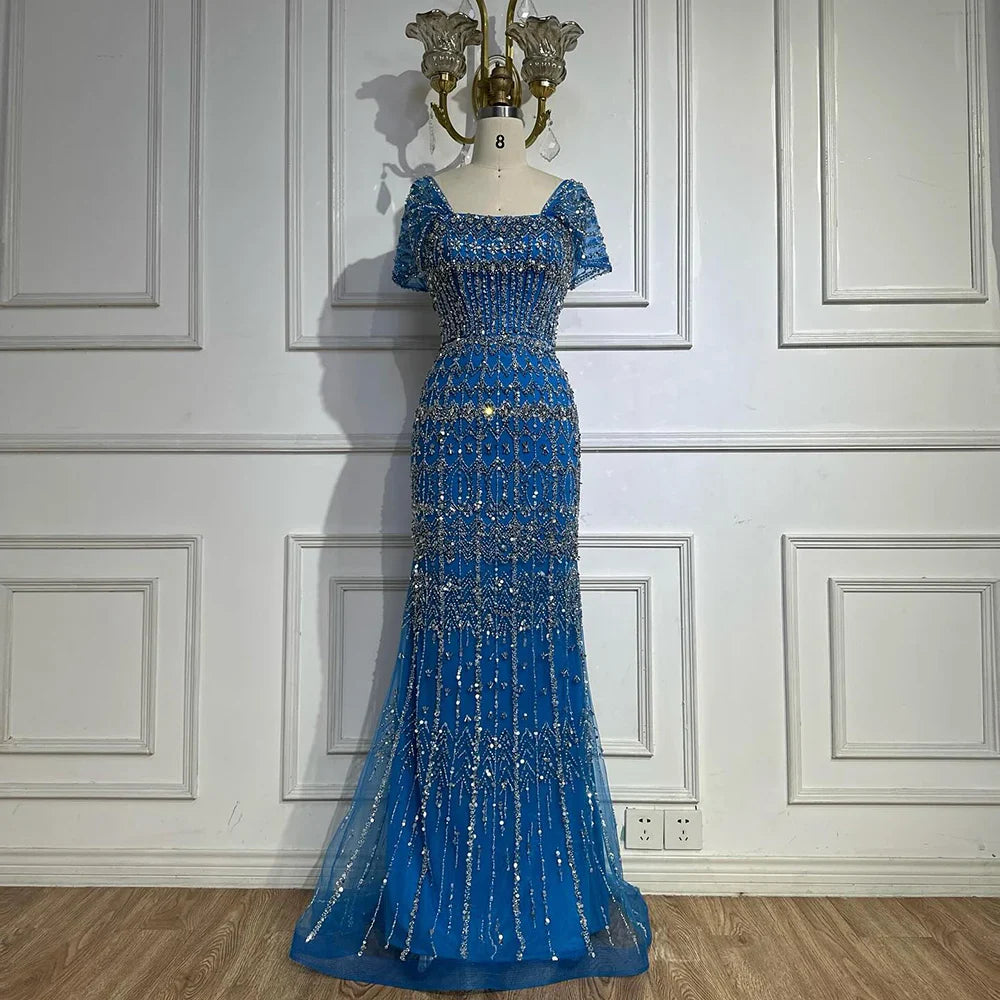 Luxury White Mermaid Beaded Evening Dress with Short Sleeves LA72714