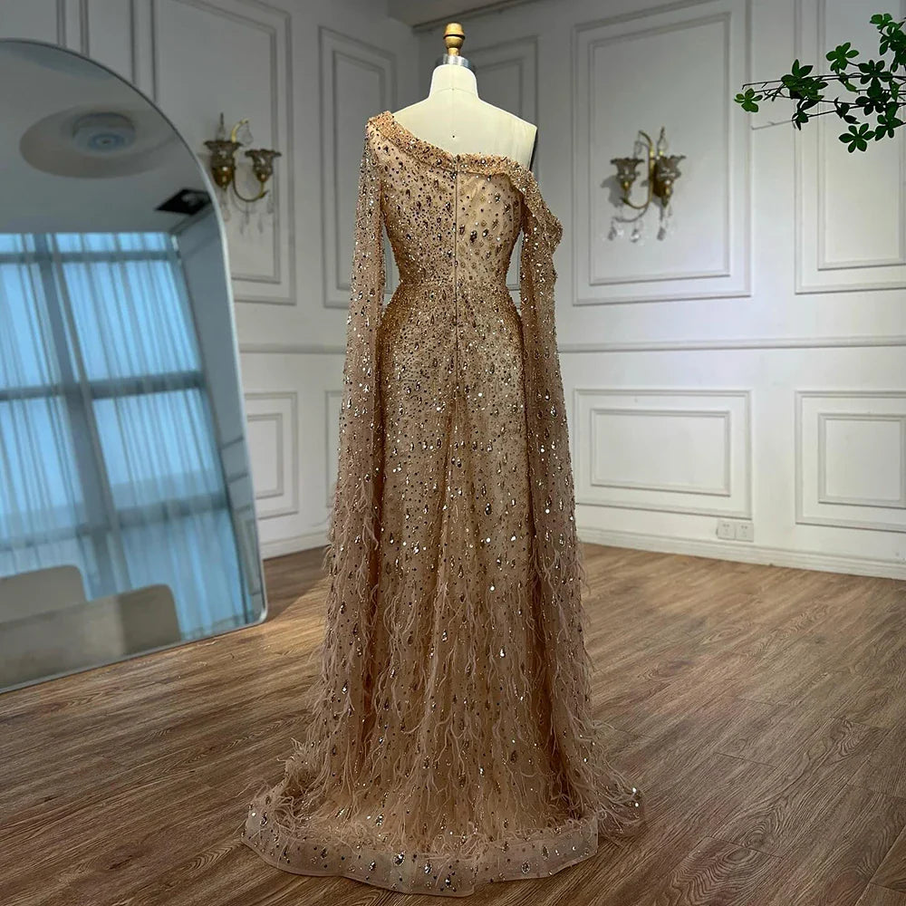 Luxury Feather One Shoulder Evening Dress with Cape Sleeves LA72763