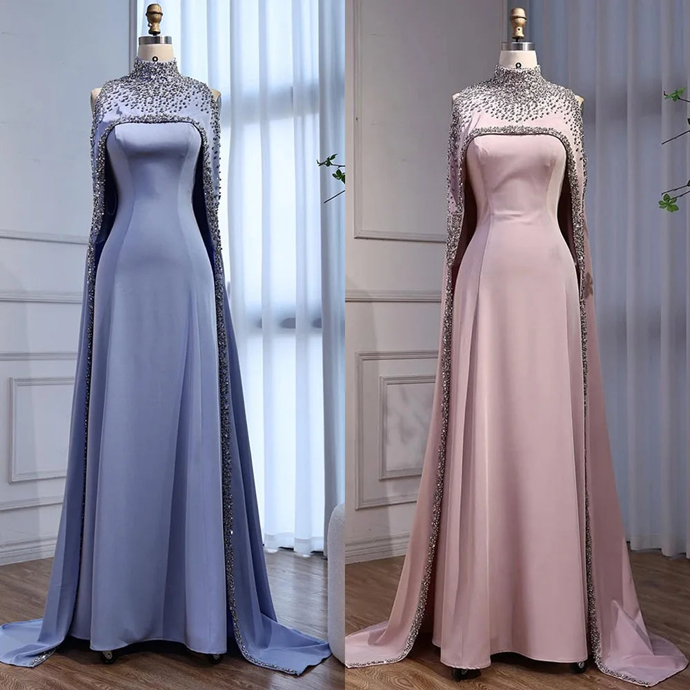 Elegant High Neck Evening Dress with Crystals and Long Cape LA73068