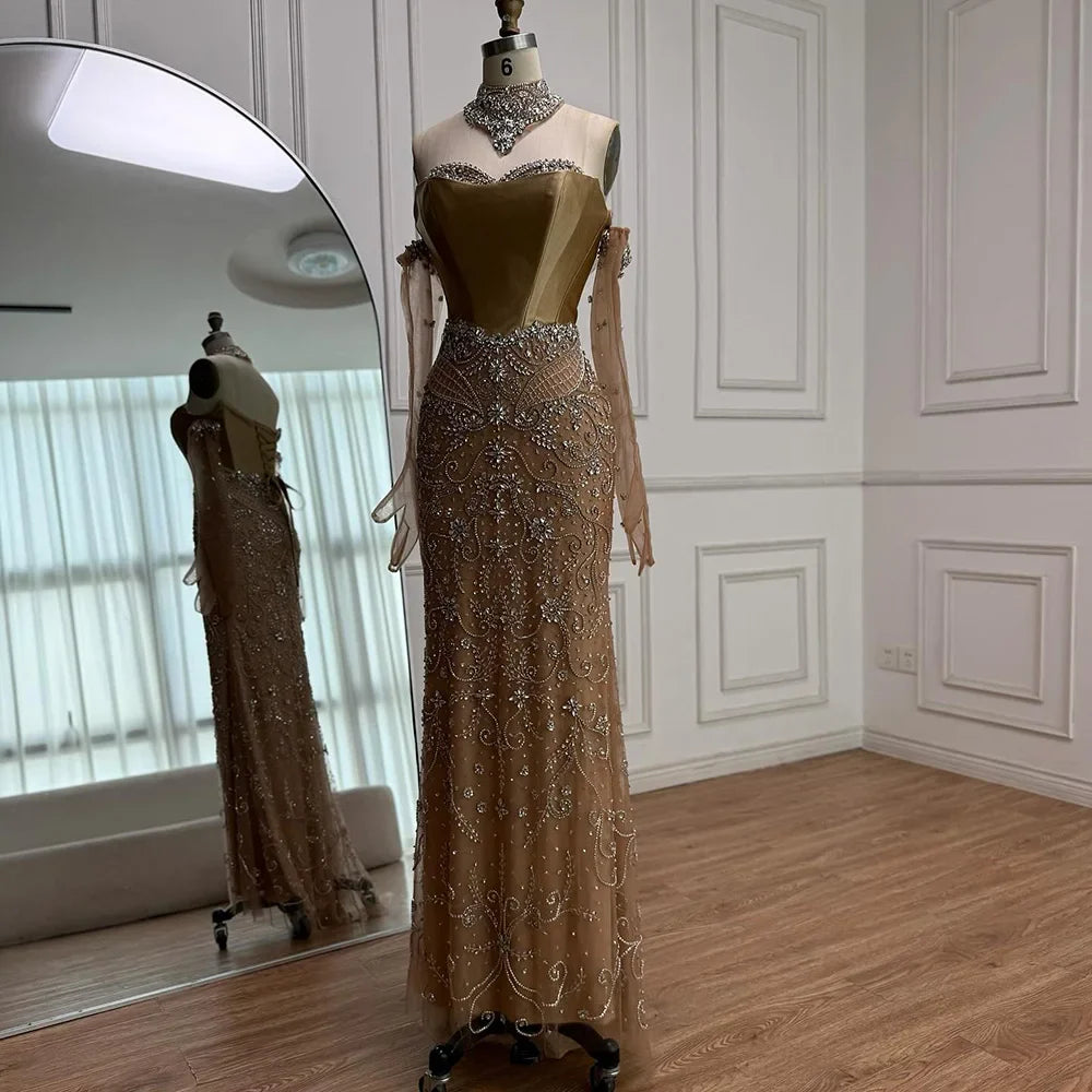 Luxury Beaded Corset Evening Dress Sheer Long Gloves LA72929