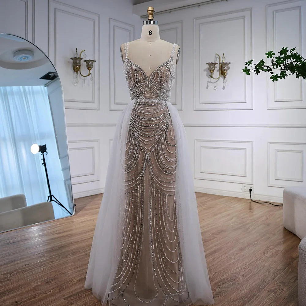 Nude Beaded Arabic Evening Gown with Spaghetti Straps LA72253A