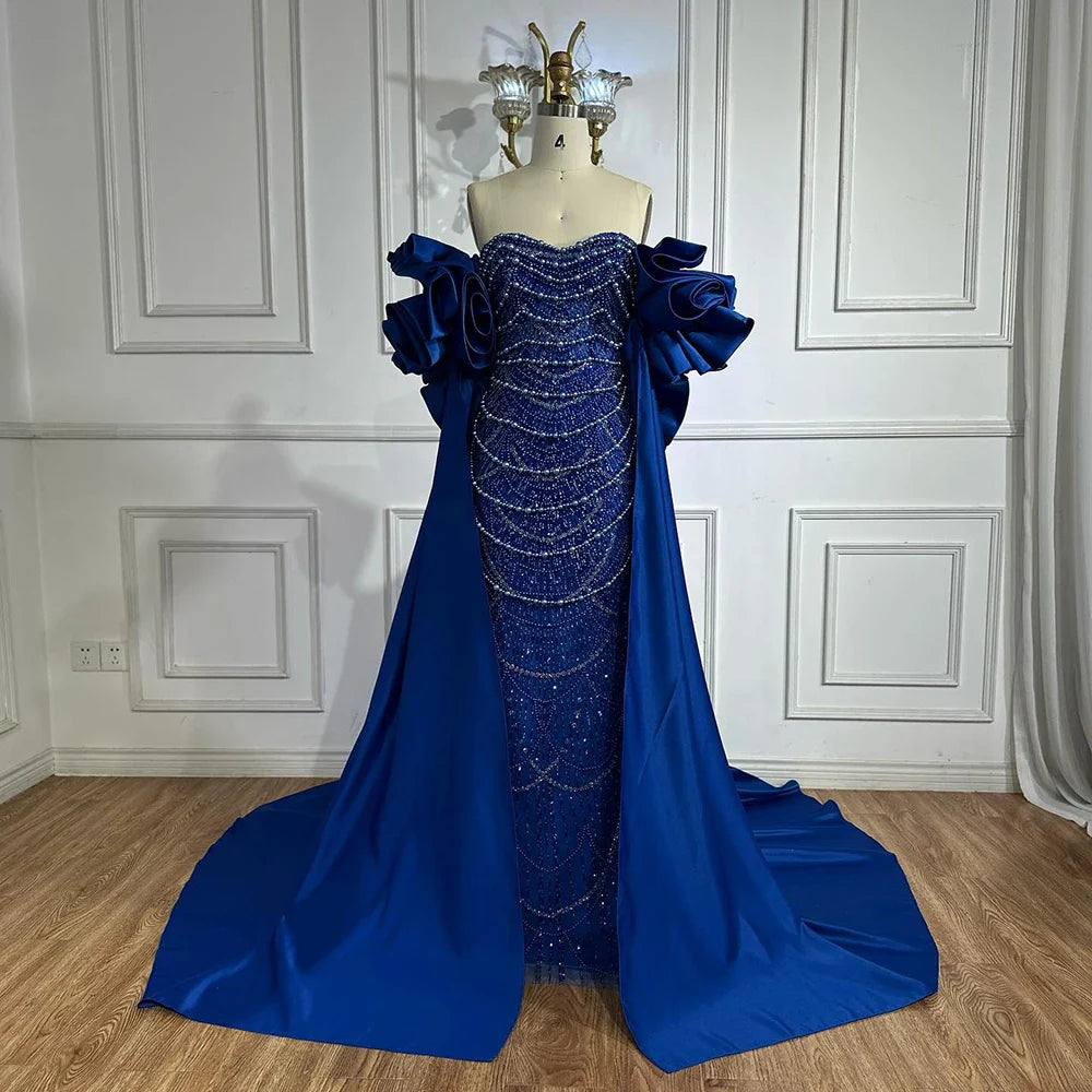 Red Long Cape Pearls Beaded Mermaid Evening Dress Gown LA72585A