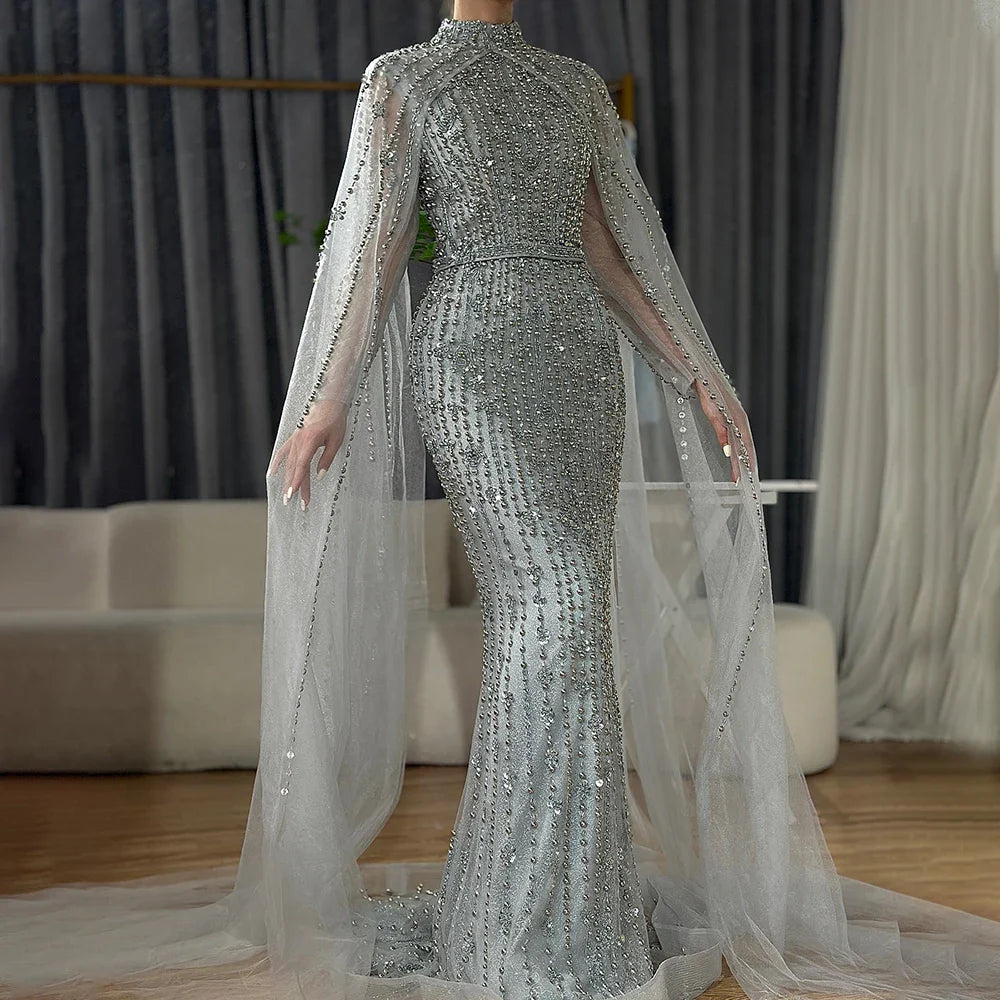 Luxury Modest Nude Pearls Beaded Evening Dress With Long Sleeves Cape LA72372