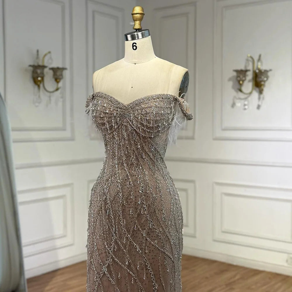 Luxury Nude Beaded Feather Mermaid Evening Dress Dubai Style LA72818