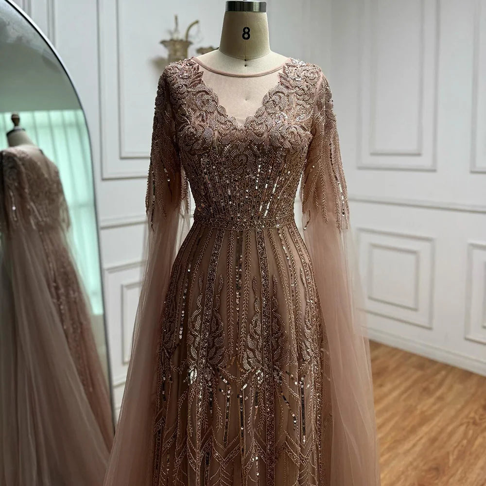 Elegant Beaded A-Line Evening Dress with Cape Sleeves LA73056