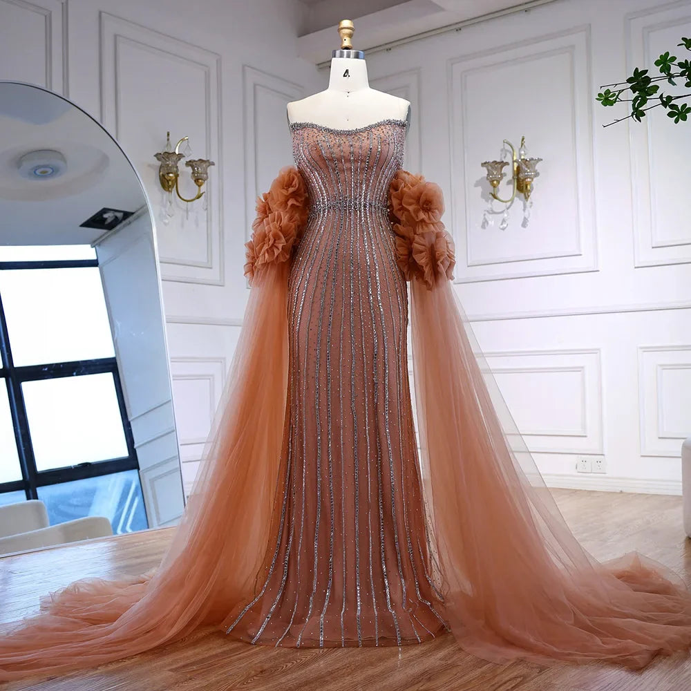 Luxury Pink Beaded Mermaid Arabic Evening Dress with Cape LA73019
