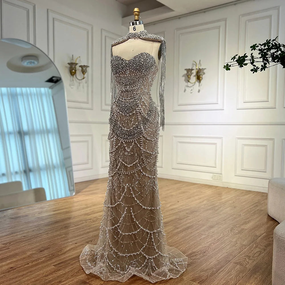 Luxury Nude Beaded Evening Dress with Tassel Short Cape LA72876