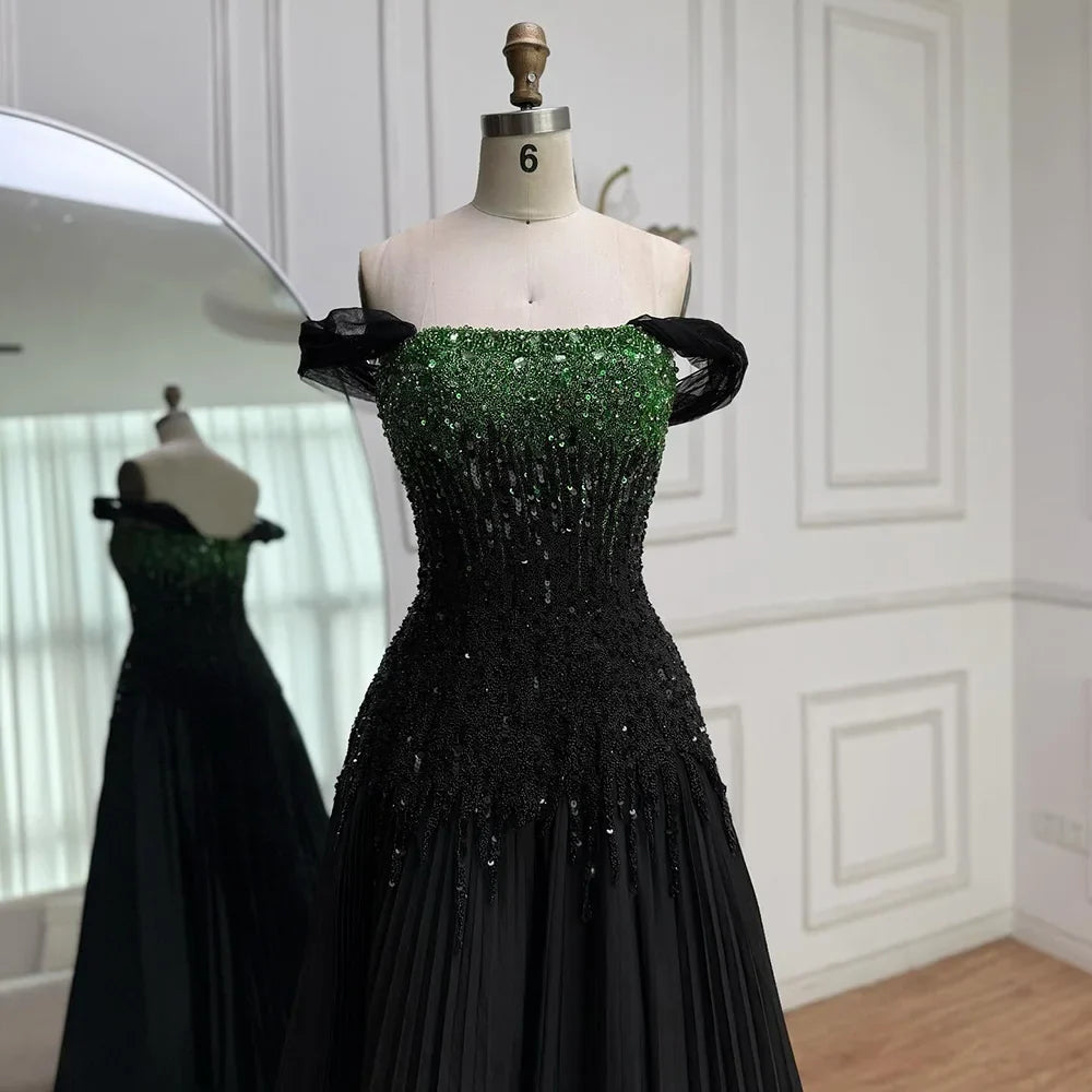 Luxury Beaded Black Green Off Shoulder Dubai Evening Dress for Party LA72406
