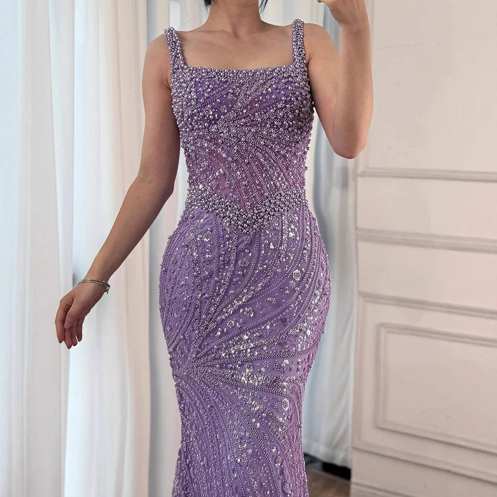 Luxury White Nude Pearl Beaded Mermaid Evening Dress LA72266