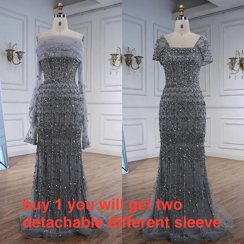 Luxury White Mermaid Beaded Evening Dress with Short Sleeves LA72714