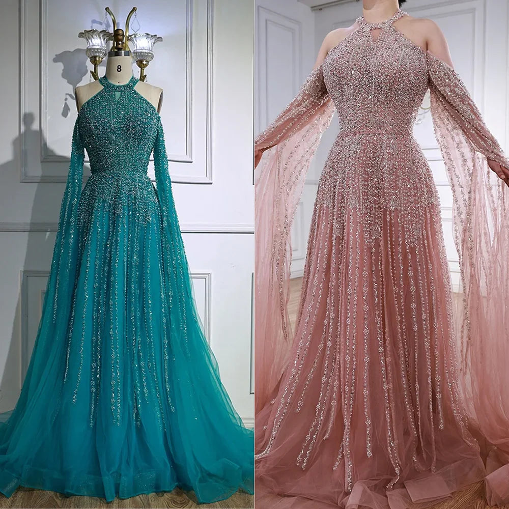 Luxury Turquoise Beaded A Line Evening Dress with Cape Sleeves LA72820