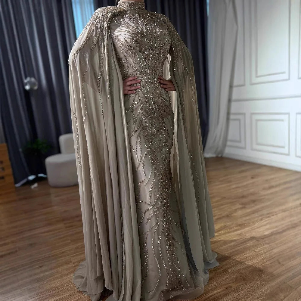 Modest Muslim Sage Green Evening Dress with Cape Long Sleeves LA72413A