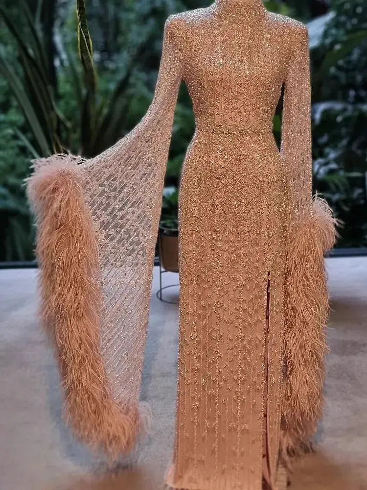 Elegant Rose Gold Evening Dress Featuring Feathered Cape Sleeves LA72947