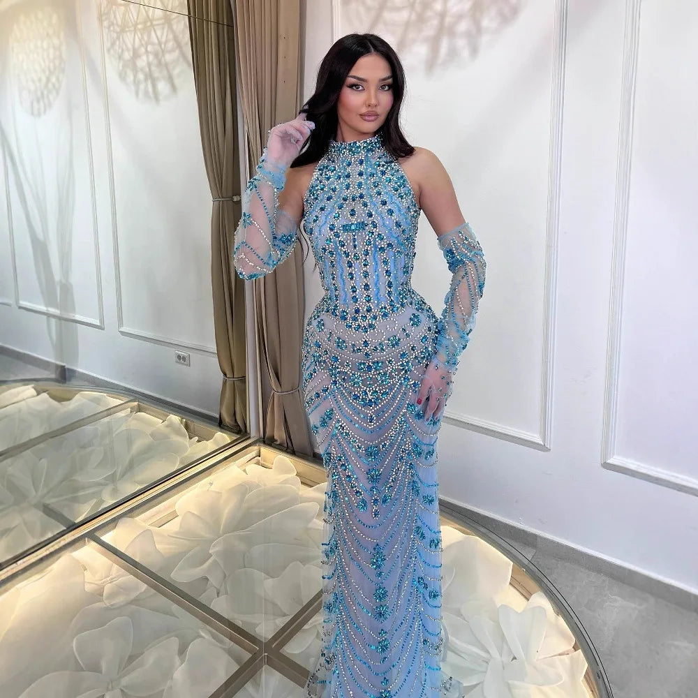 Luxury Dubai Arabic Blue Beaded Evening Dress with Gloves LA72760A