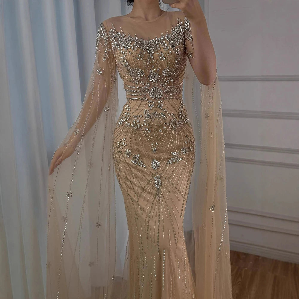 Luxury Pink Saudi Arabic Crystal Beaded Mermaid Evening Dress with Cape Sleeves LA73137