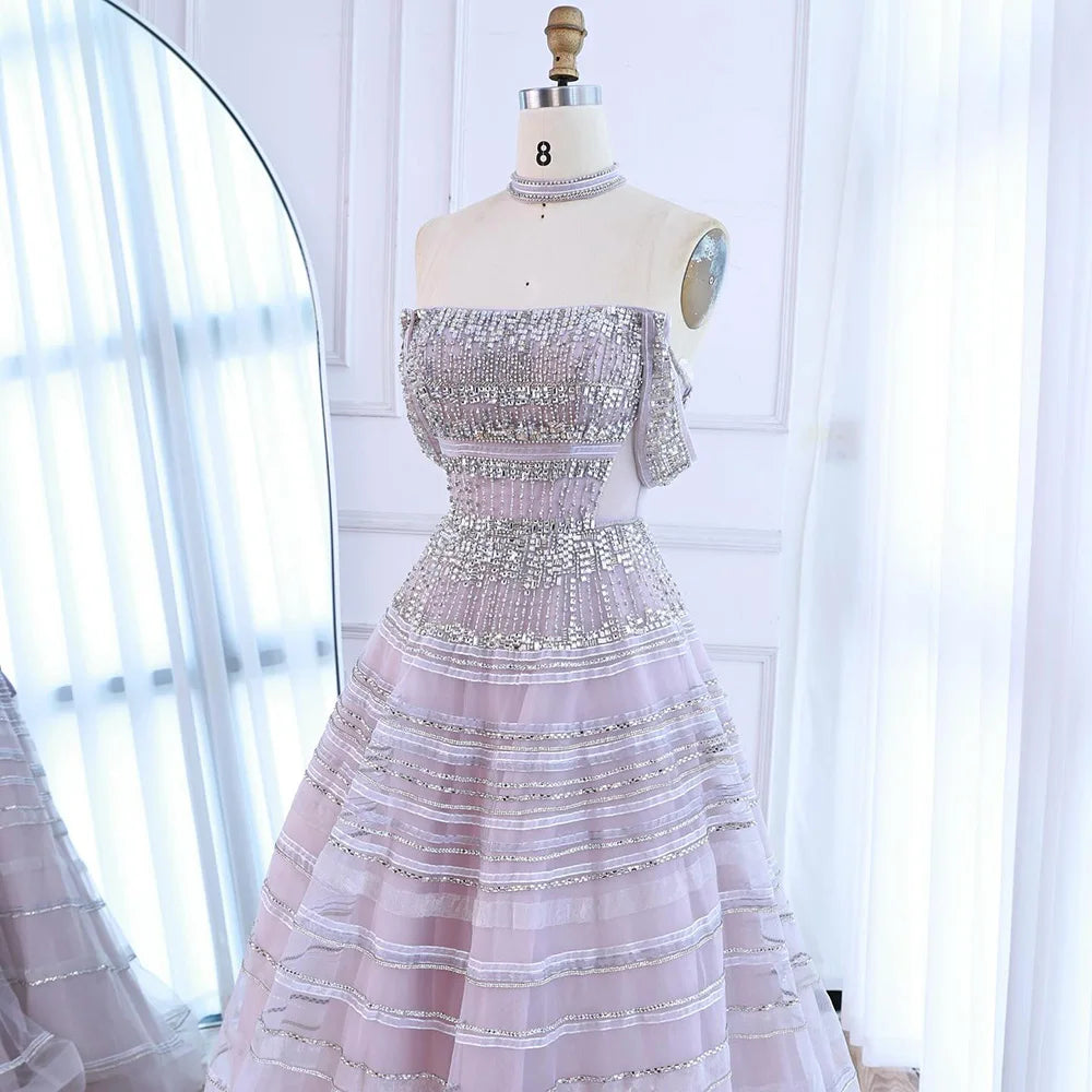 Luxury Pink Off Shoulder A-Line Beaded Evening Dress LA73079