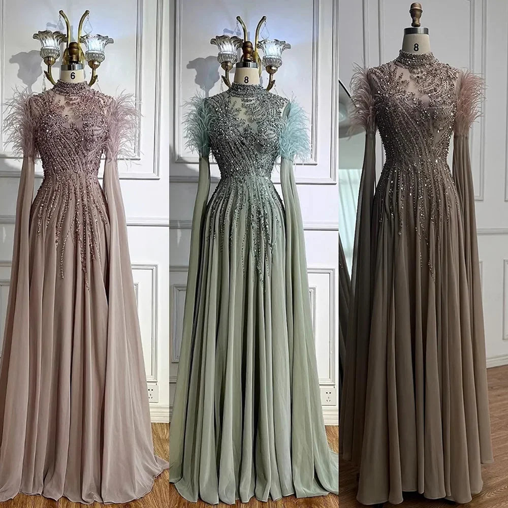 Luxury Pink Feather Beaded Evening Dress with Long Cape Sleeves LA72982
