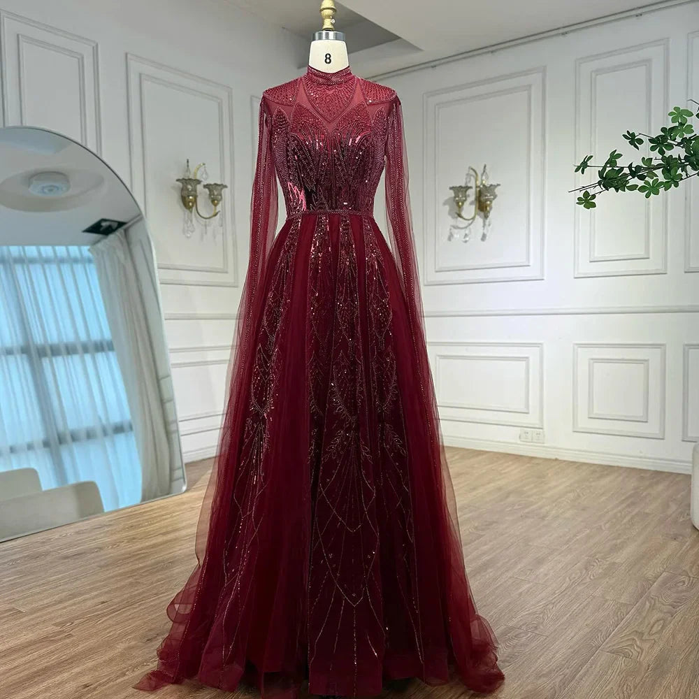 Luxury Brown Beaded Evening Gown with Cape Arabic Style LA72951