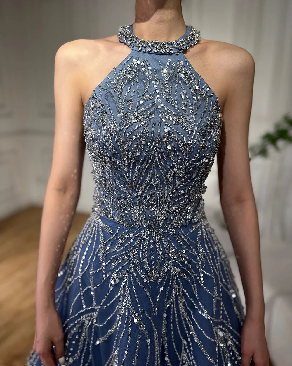 Serene Hill Elegant Blue Arabic A-line Halter Gown Luxury Dubai Evening Dress for Women Wedding Party 2025 LA72302