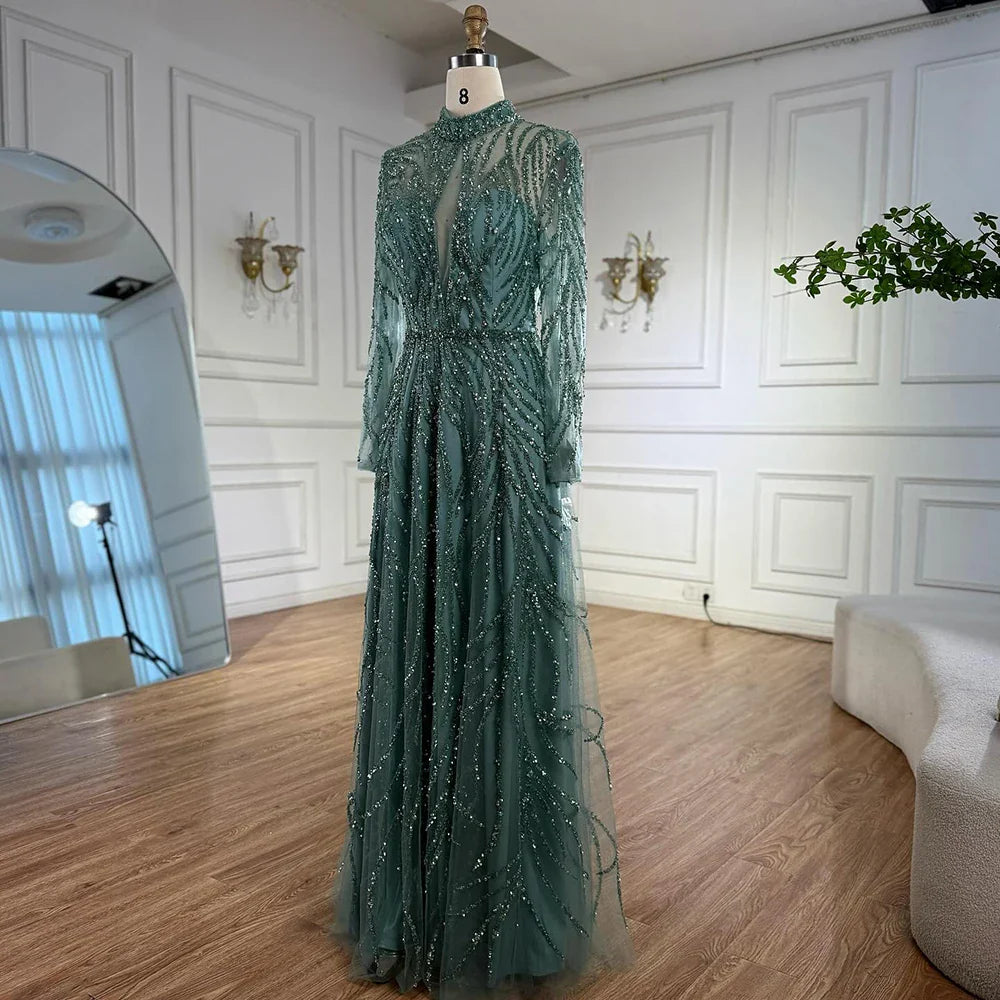 Elegant High Neck A-Line Beaded Evening Dress LA71682A
