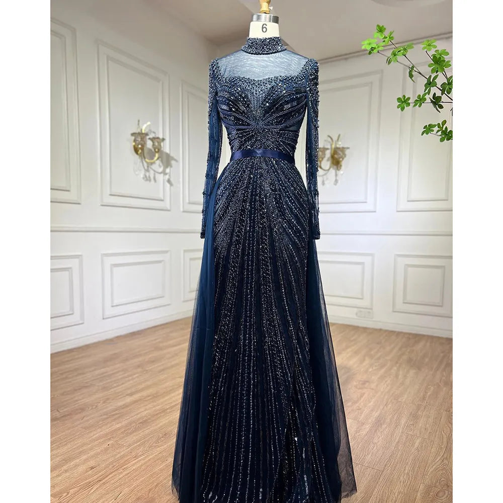 Luxury Nude Modest Beaded Tassel Mermaid Evening Dress LA71533